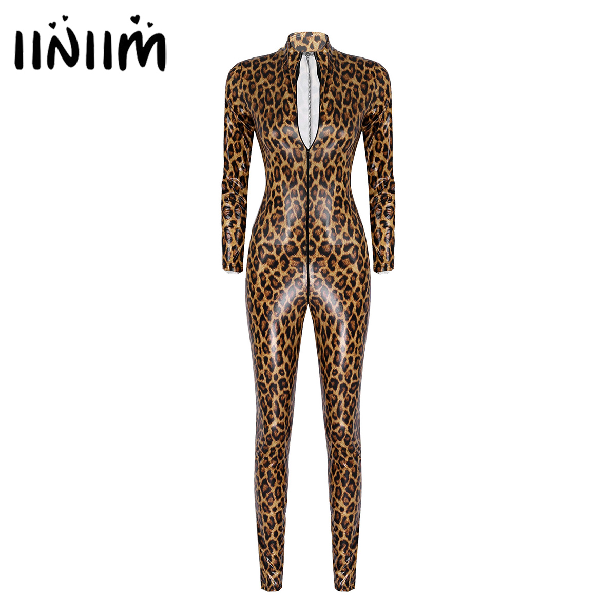 

Womens Fashion Leopard Print Patent Leather Bodysuit Streetwear Hot Stand Collar Long Sleeve Zipper Catsuit Slim Fit Jumpsuit, Brown