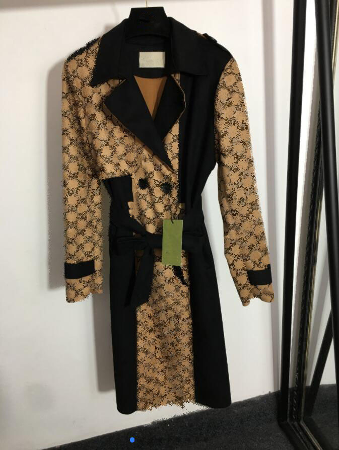 

printed color-blocked coat with waist double-breasted lapel long-sleeved windbreaker jacket 907, Tan;black