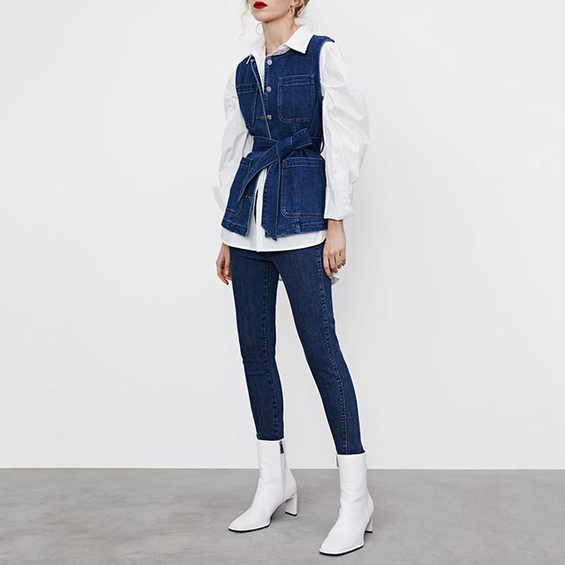 

Spring Slim Drawstring Denim Vest O-neck Pockets Design Chaleco De Mezclilla Mujer 2021 Fashion All Match Waistcoat Women Women' Vests, Denim blue