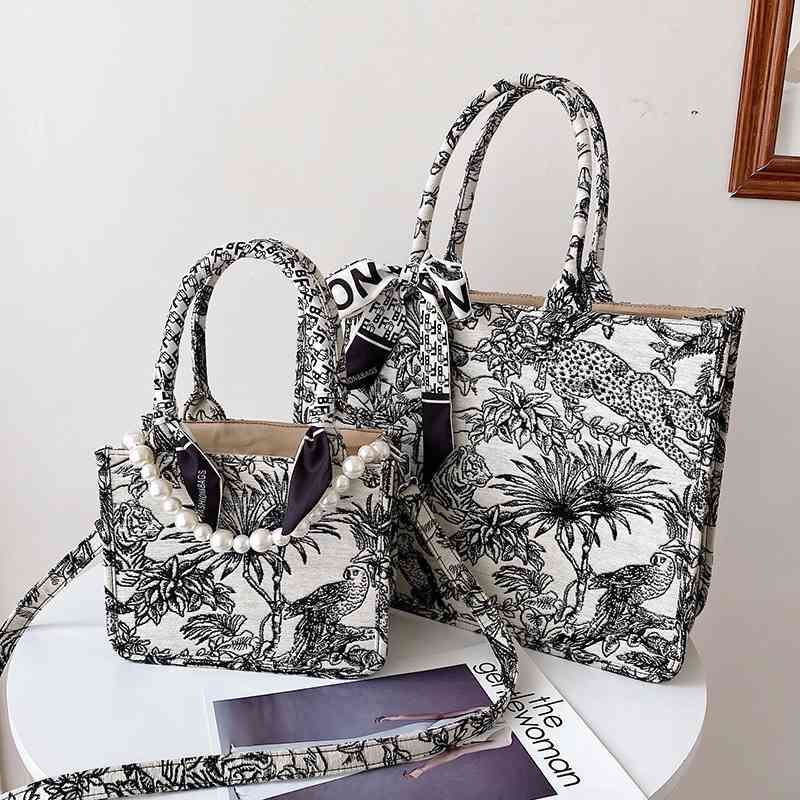 

Women's 2021 New Fashion Shoulder Bag Canvas printed large capacity tot pearl portable shopping bag, Blue