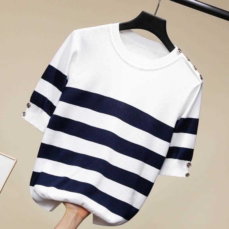 

VANOVICH Summer Knit T Shirts Women Wild Casual Fashion Short Sleeve Women's Striped T-shirt Button European Top 210615, Black