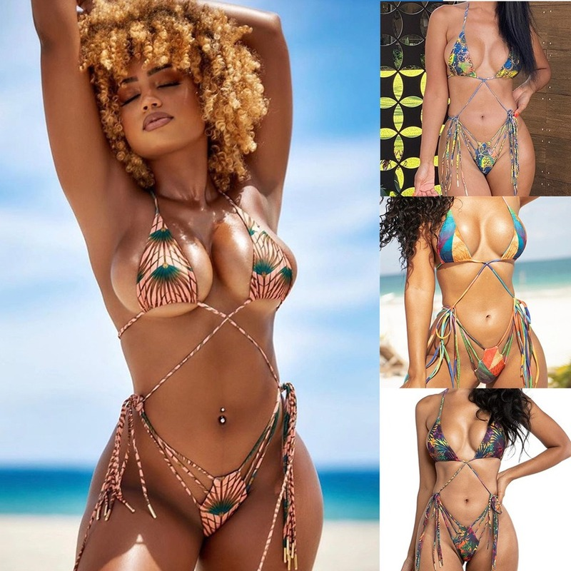 

2021 Hot Style Sexy Bikini Set Women Swimwear Triangle Digital Bandage Print Steel Bracket Suit Swim Wear Beach Fashion Swimsuit