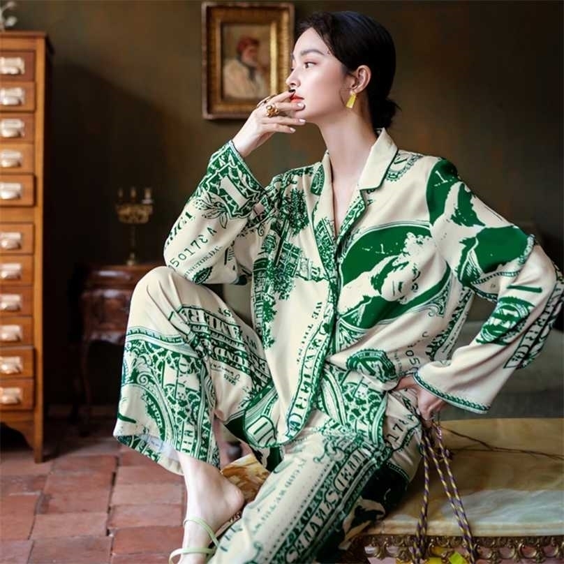 

Maison Gabrielle Silk Satin Printed Pajamas Set Sleepwear Loungewear for Women 2 Pieces Long Sleeeve Plus Size Pyjama 211109, As shown