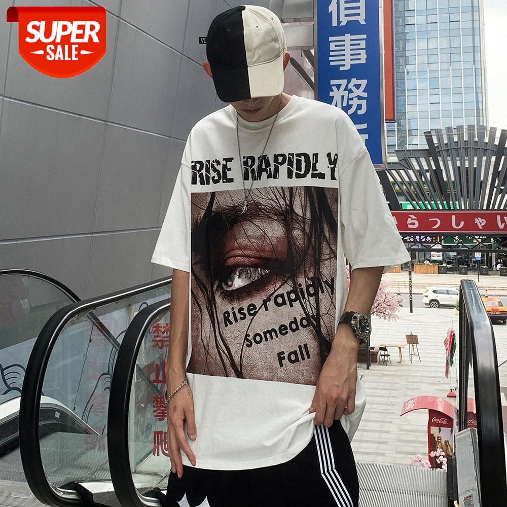 

Wind letter character print short-sleeved T-shirt men's bf lazy street style loose round neck five-point sleeves #ZS8u, White;black
