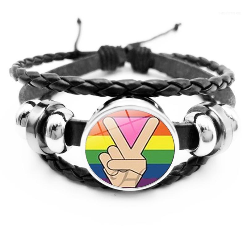 

Gay Lesbian Pride Rainbow Glass Dome Lace-up Leather Bracelet With Convex Snap Clasp Men's Jewelry Bangle