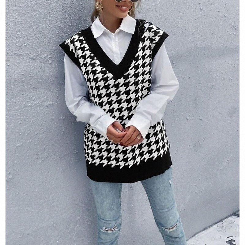 women's Vest Knitted Houndstooth Plaid Geometric Stylish Basic Casual Sleeveless Loose Sweater Cardigans V Neck Fall Winter Spring Black And-image-756092215