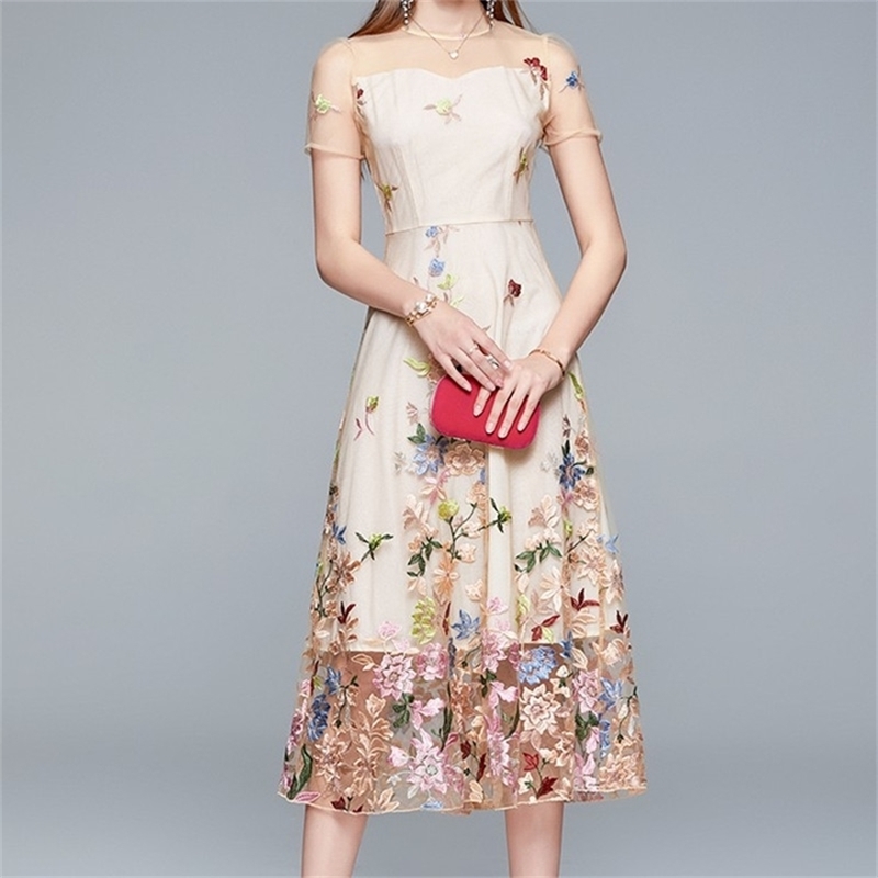 

Summer Chic Embroidery Flowers Mesh Dresses Women O-Neck Short Sleeve Long National Style Female Party 210603, Picture color