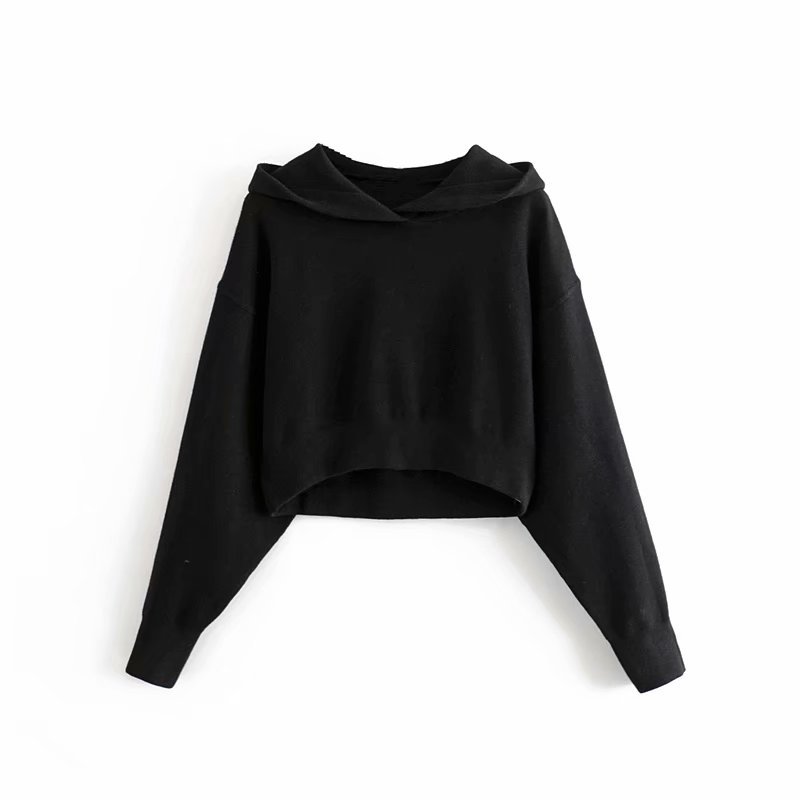 

Stylish Sweet Women 4 Colors Short Hoodies Long Sleeve Female Sweashirts Za Fashion Streetwear Cute Girls Hooded Knit Tops 210520, Black