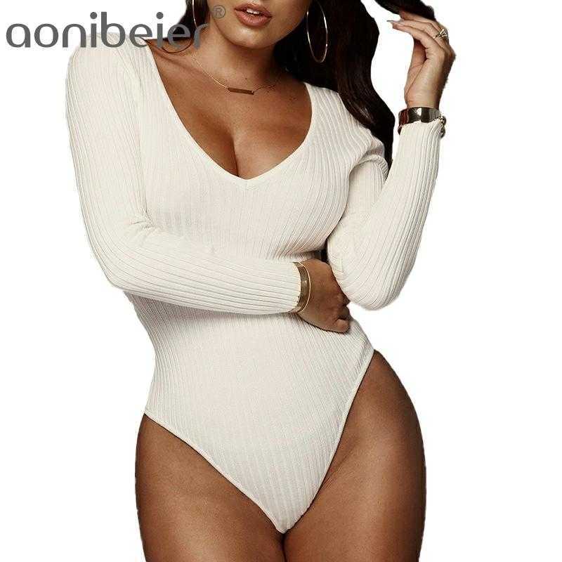 

Off Shoulder Ribbed Knitted Sexy Bodysuit Black V Neck Summer Romper Jumpsuit Basic Playsuit Womens Tops 210604, Beige