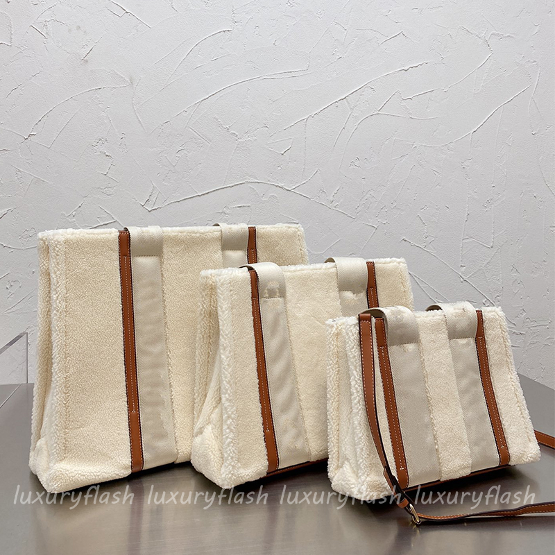 

Totes Winter Plush Designer Women Woody Tote Eco-friendly Wool Handbags Letter Solid Color Classic Ladies Student Casual Shouler Purse, Black