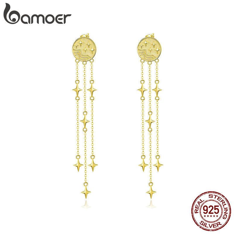 

BAMOER Meteor Tassel Drop Earrings Golden Star Comet Long Dangle Earring Women High Quality 925 Sterling Silver Jewelry LJ201013