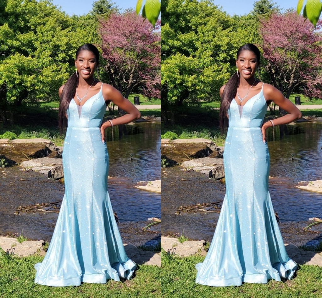

Glitter Light Blue Mermaid Prom Evening Dresses 2022 with Spaghetti Straps Black Girls African V neckBridesmaid Party Cocktail Pageant Dresess, Purple