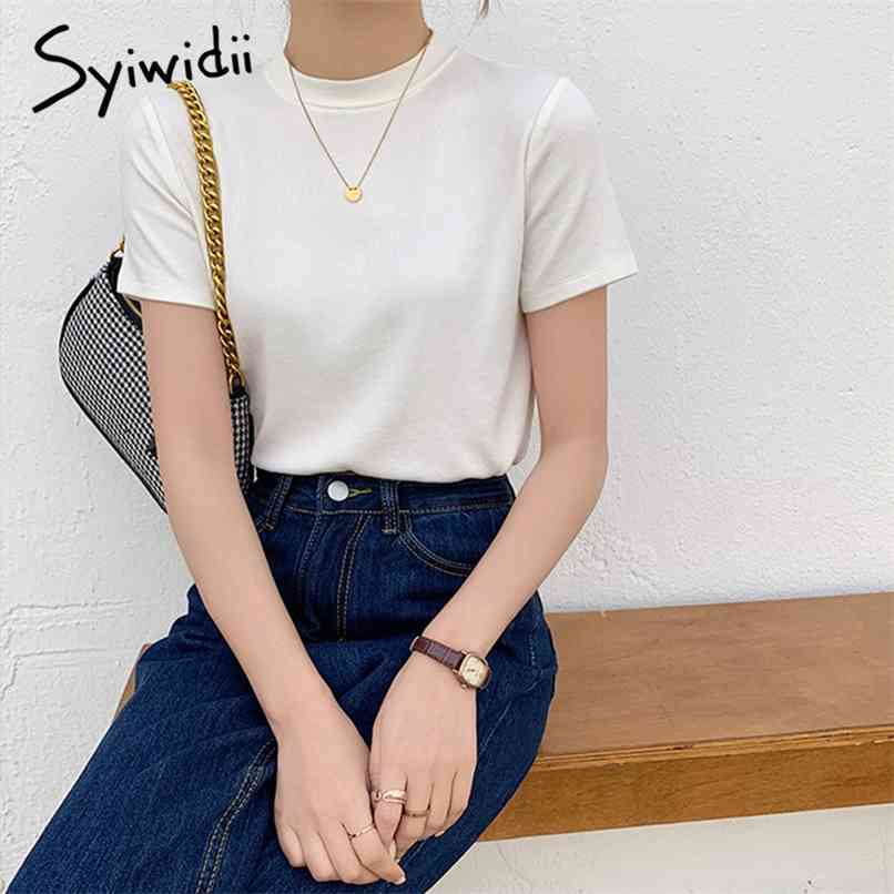 

Ribbed Knitted Woman Tshirts O Neck Korean Fashion Summer Casual Short Sleeve T Shirt Slim Tee Lady Clothing 210607, Coffee