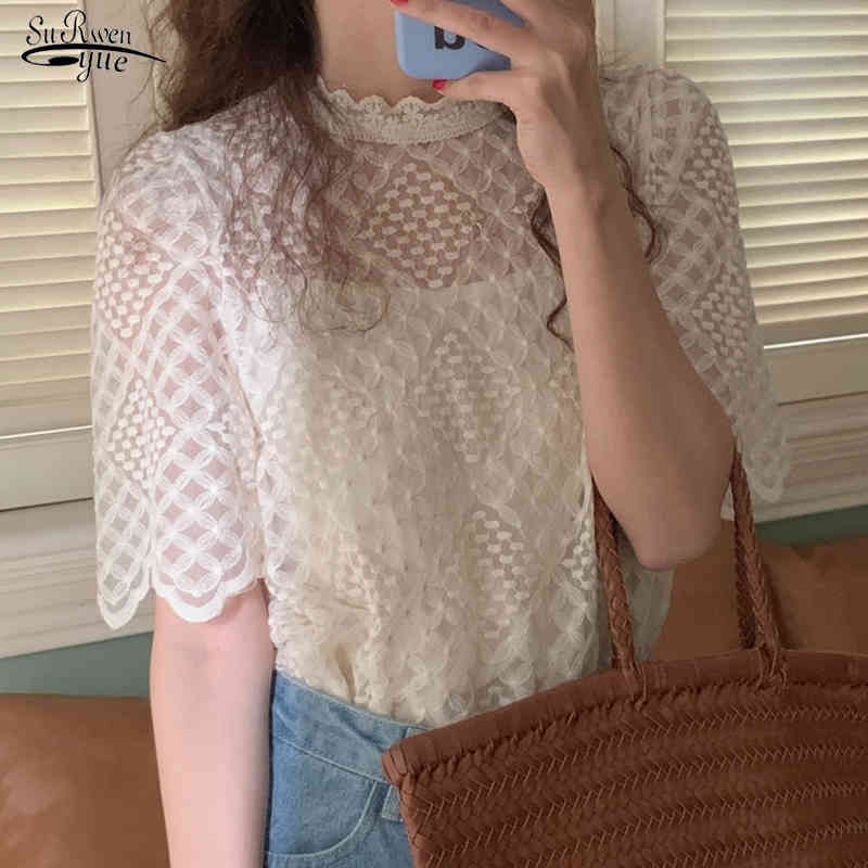 

Korean Summer O-Neck Women Tops Loose Sweet Blouse Chic Embroidered Flowers with Sling Bubble Sleeve Perspective Shirt 14543 210521, Ivory