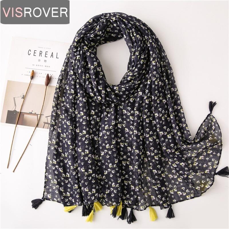 

Scarves Visrover Summer Tropical Beach Shawl Black Floral Print Scarf Japanese Style Boho Women Scarfs With Tassel Wholesale