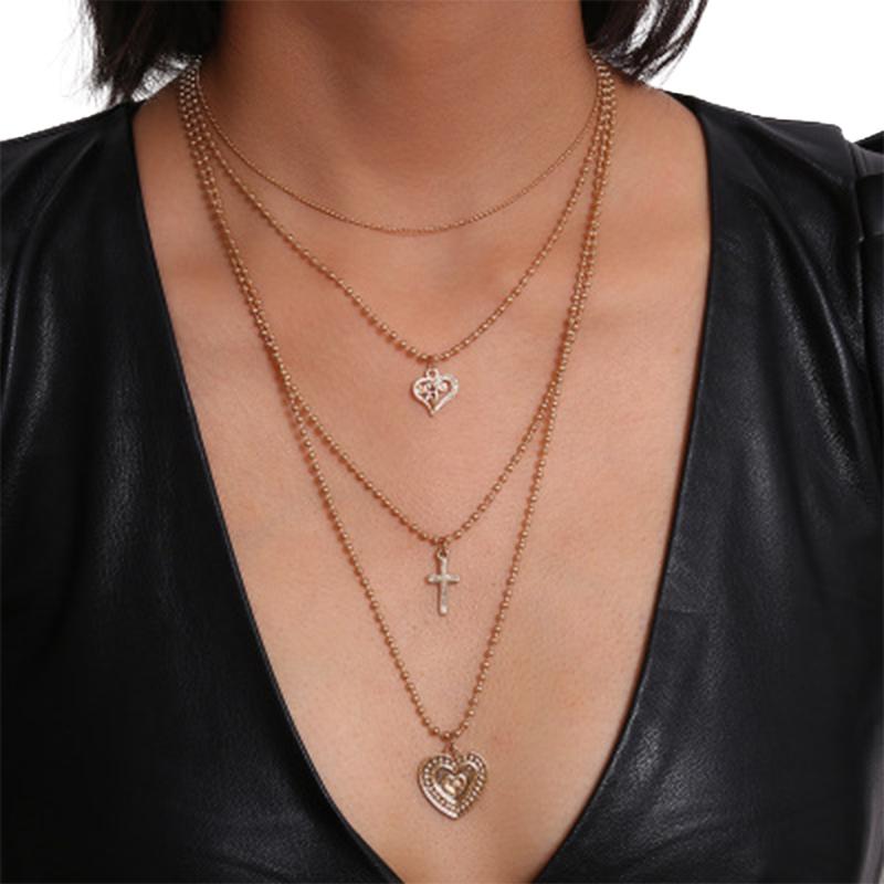 

Pendant Necklaces Fashion Layered Long Necklace Beads Chain For Women Girls Heart Shaped Tag Pedant Cross Dress Jewelry