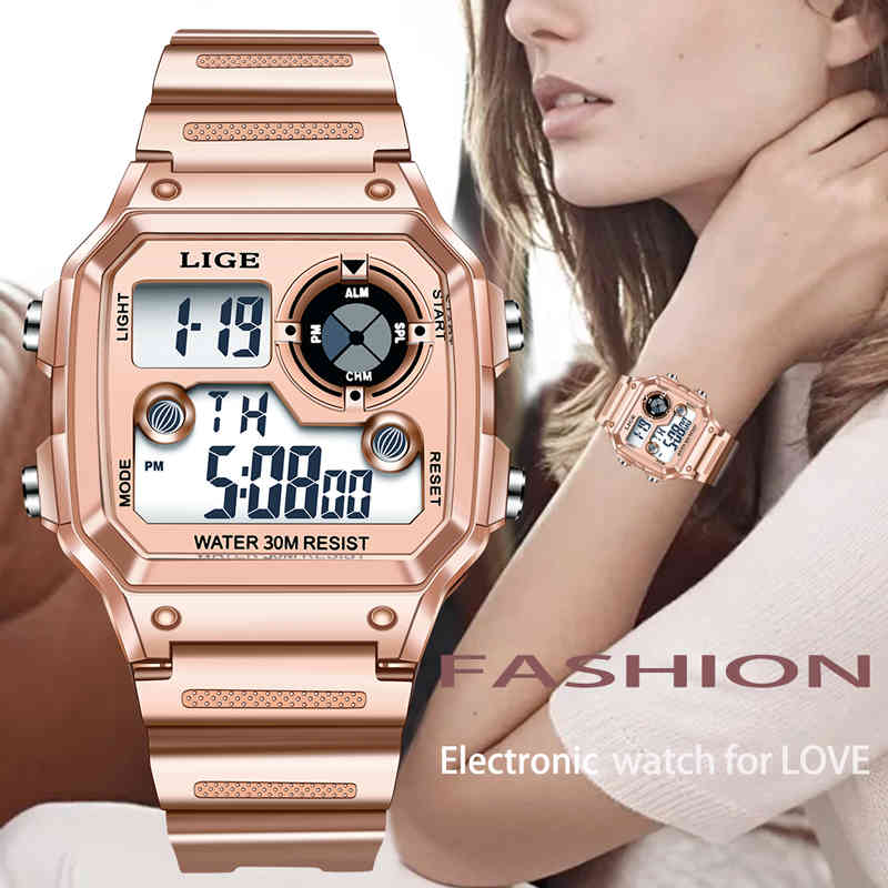 

Electronic Watch Women Sport Waterproof Date Alarm Wristwatch LIGE Fashion Female Watches Top Brand Luxury Chronograph+Box 210517, Steel strap balck