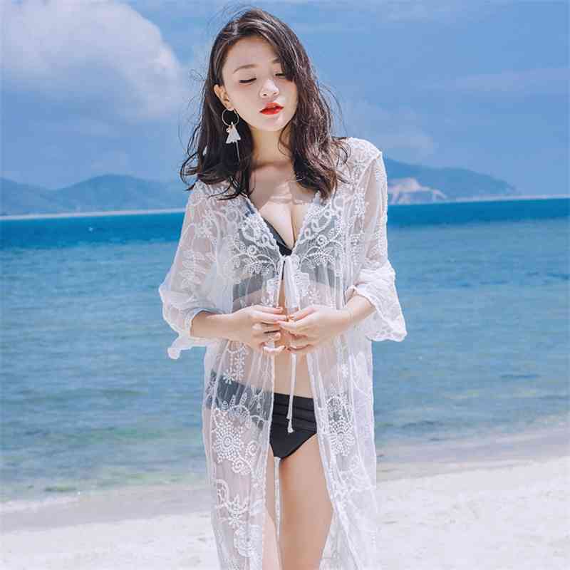 

Sexy Lace Up Cardigan Tops Summer Women Chiffon Kimonos White Print Long Beach Kimono Mujer Cover Wrap Sun Shirt Blouse 210603