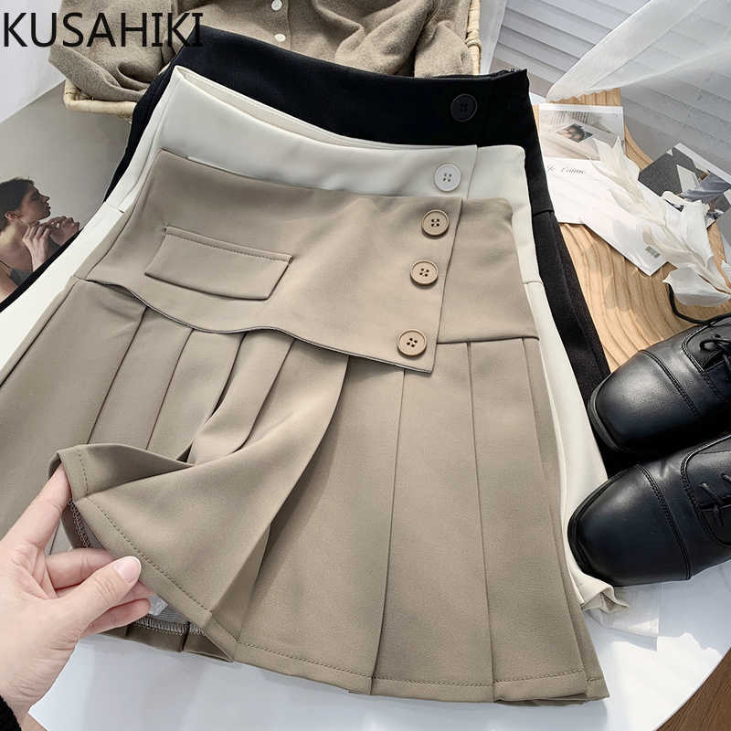 

Woman Skirts Korean Buttons High Waist Bottoms Causal Pleated A-line Mini Spring Mujer Faldas 6F357 210603, Apricot