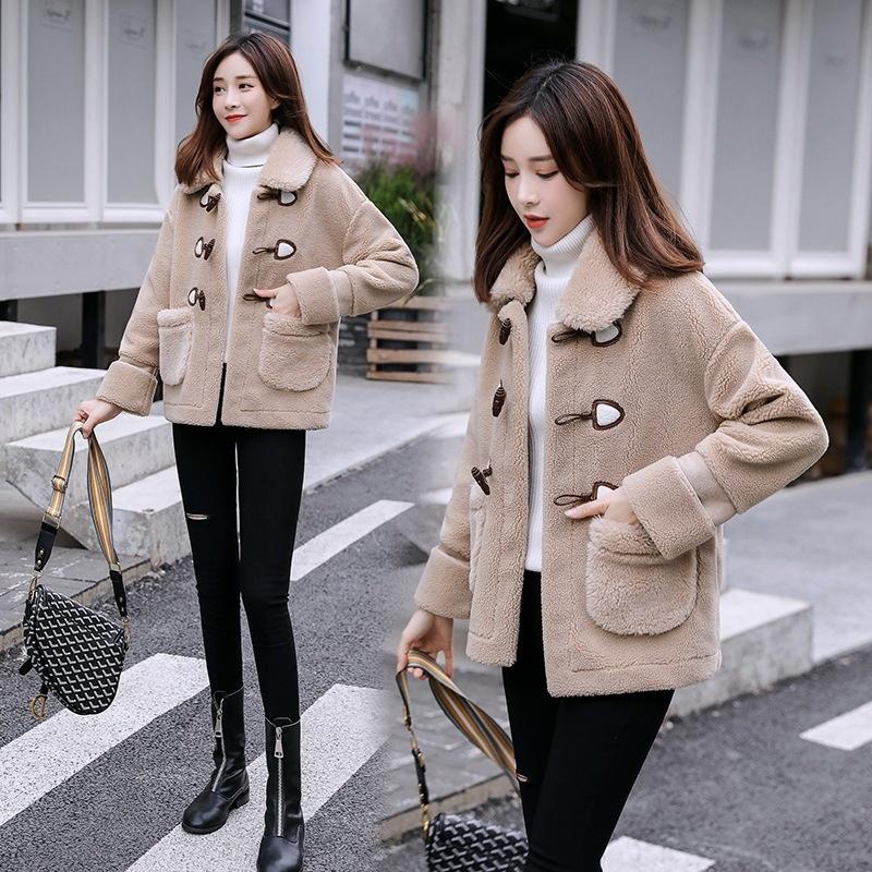 

Women's Fur & Faux Lamb Plush Cotton Coat Winter 2021 Korean Loose One Short Wool, Black