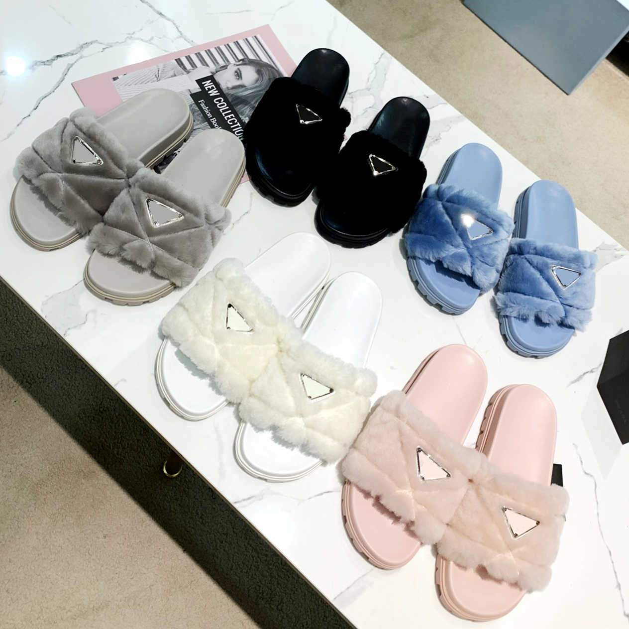 

Top Quality Winter Women Slippers Luxury Designer Fashion Soft Wool Fur Fluffy Furry Flat Soled Slides Sandals Indoor Home Warm Comfortable, Color1