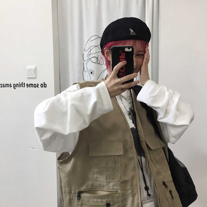 

Korea Ulazzng hip-hop casual Harajuku V-neck pocket jacket loose large size fashion vintage autumn corgo 210608, Khaki