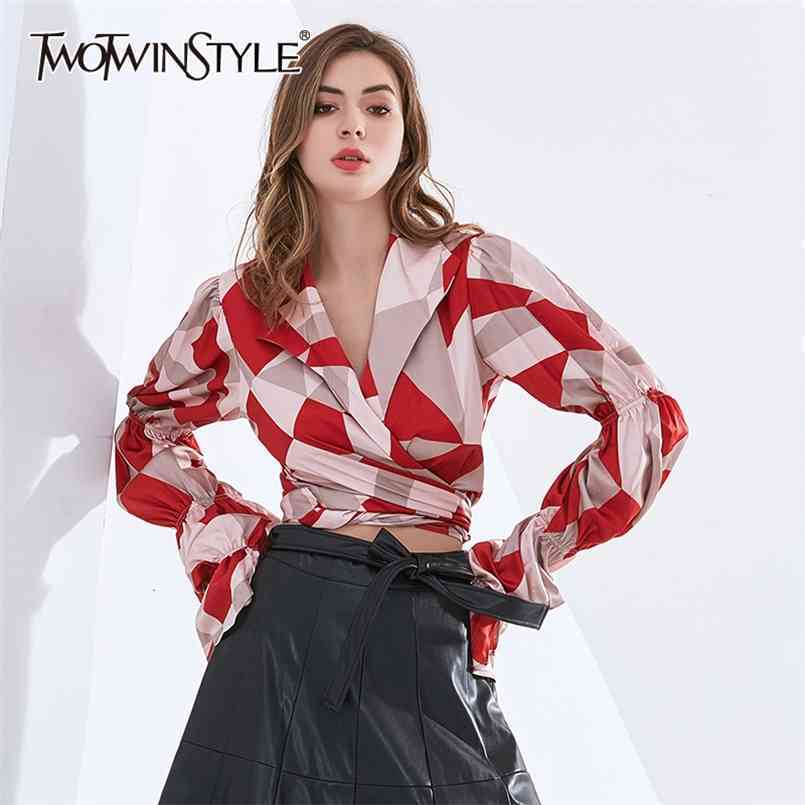 

Print Shirts For Women Lapel Puff Long Sleeve Hit Color Lace Up Designer Short Blouses Female Autumn Clothing 210524, Aspicture