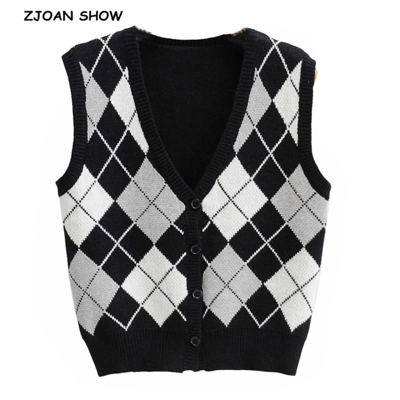 

90's Vintage Black White Gray Plaid Knitted Sweater Vest Preppy Style Korean Clothing V Neck Sleeveless Cardigan Y2K Knitwear 210429