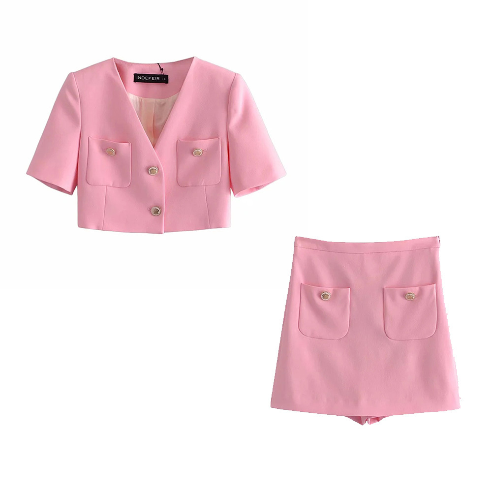 

BBWM 2 Pieces Women ZA Blazer+Short Set Vintage Stylish V-Neck Jacket Coats+Culottes Pocket Side Zipper Outerwear 210520