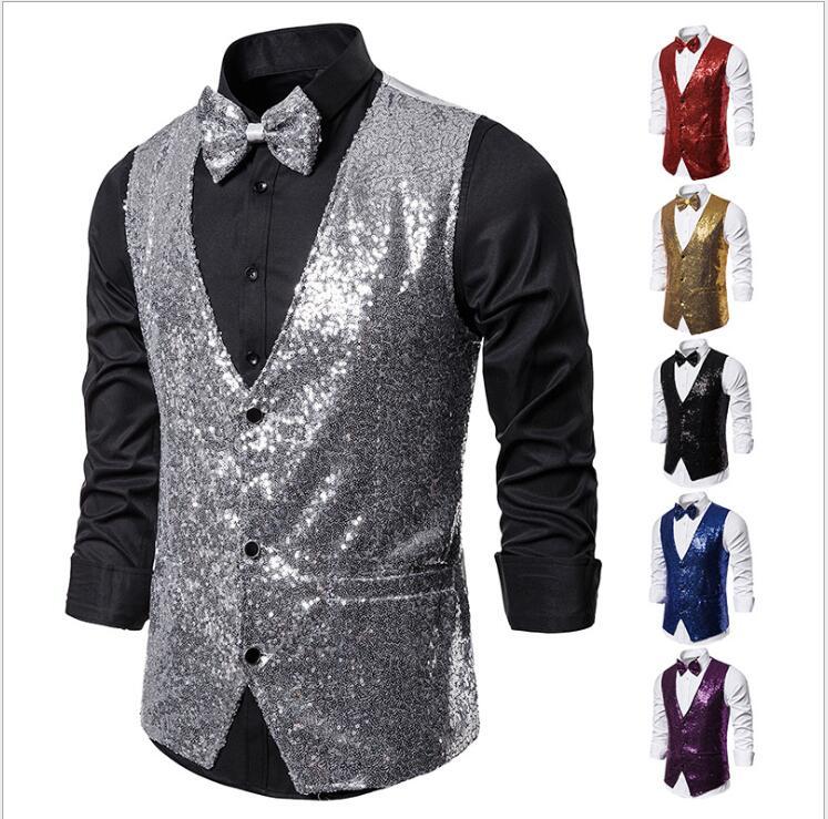 

Men' Vests Wending Noble Vest Waiter Performance Shiny Gold Sequins Suit Men Brand Single Breasted Waistcoat DJ Nightclub Singers, Black