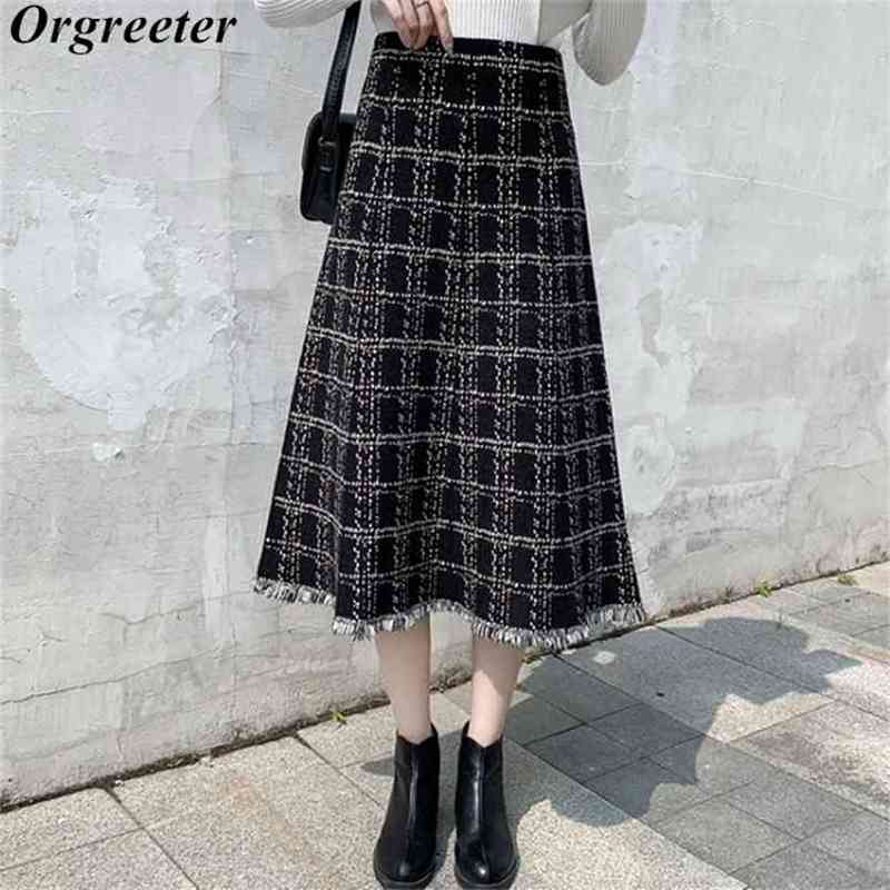 

Brand Design Plaid Knitted Skirts Women Autumn Winter High Waist Geometry Pattern Tassel Big Swing Long 210602, Black