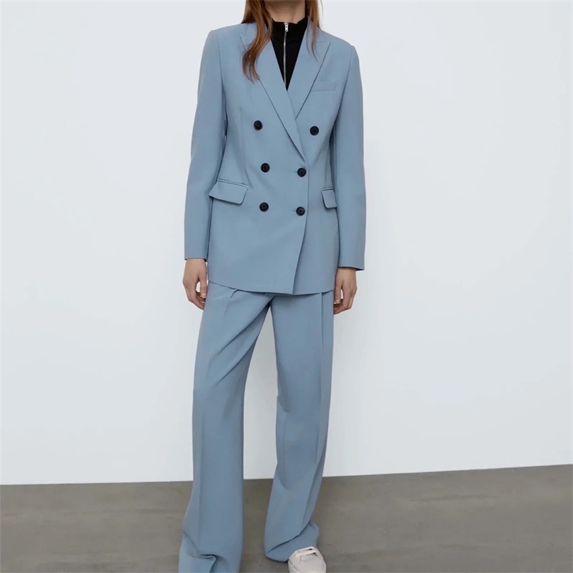 

Women Chic Fashion Side Pockets Darted Pants Vintage High Waist Zipper Fly Female Trousers Mujer Blue Suit 210520