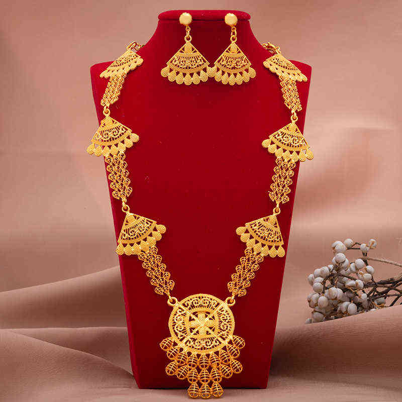 

24K luxury Dubai Jewelry sets high Quality Gold Color plated unique Design Wedding necklace earrings jewelry set 211204