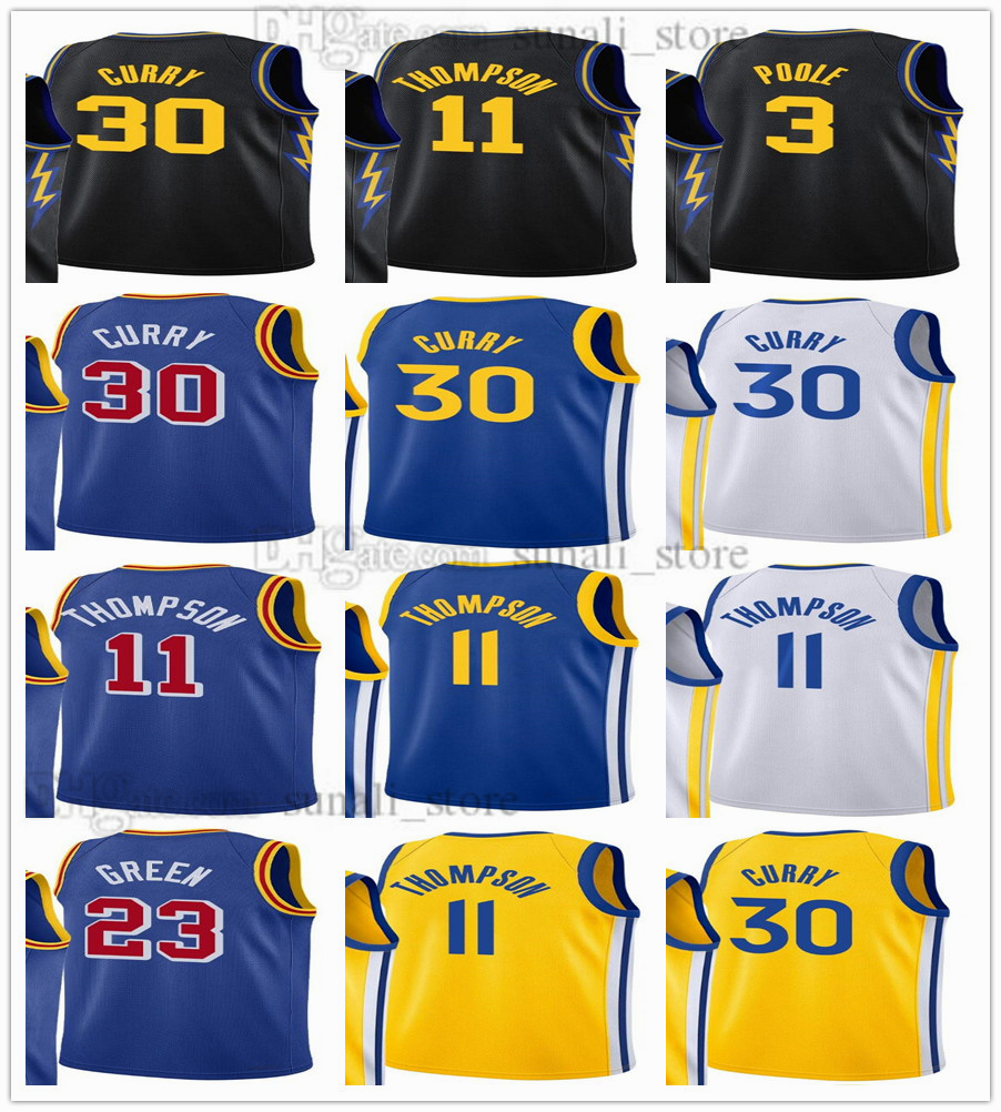 

2021-22 Men Women Kids Youth Stephen Jerseys Klay 30 Curry Basketball Thompson 11 Draymond 23 Green 3 Poole City Black Navy Yellow Blue White 75th Anniversary Edition