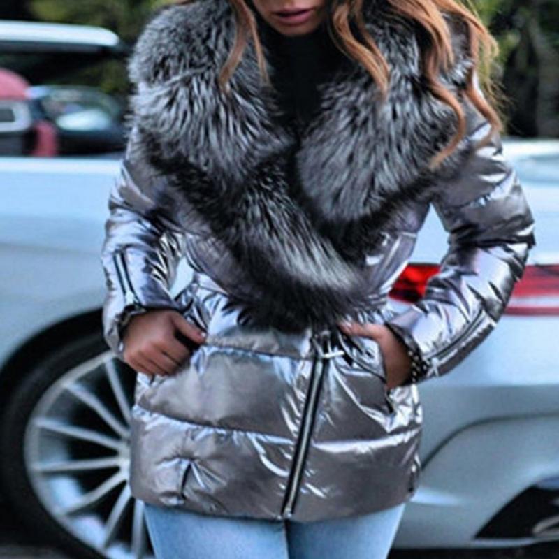 

Women's Trench Coats 2022 Women Coat Slash Zipper Belt Bright Surface Jacket Winter Faux Fur Collar Puffer Overcoat Manteau Femme, Tan;black