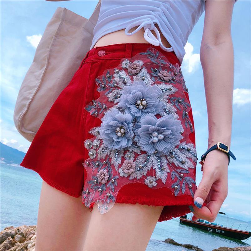 

summer embroidery beads pearls women short wide leg tassel red black denim shorts womens 5xl high waisted jeans, White;black