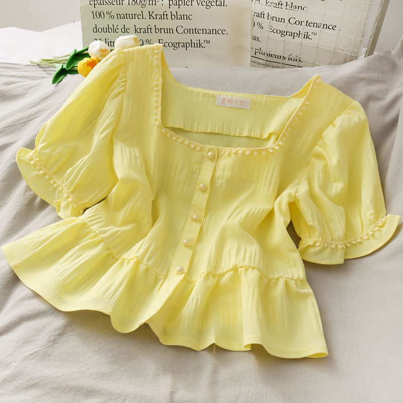 

Female Ruffles Square Collar Pearl Buckle Solid Vintage Fashion Casual Slim Tops Women Summer Blouses Chiffon Shirt 210517, Green