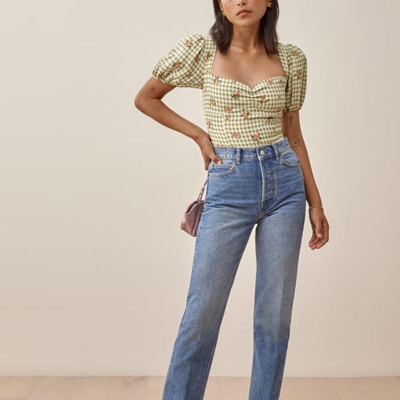 

Women' Blouses & Shirts Summer Casual Plaid Printed Square Collar Short Sleeve Slim Shirt, Light green