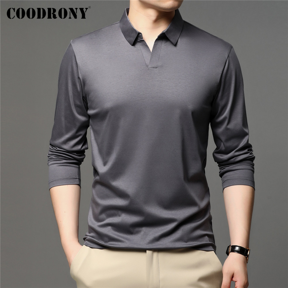 

COODRONY Brand Spring Autumn New Arrivals High Quality 100% Soft Cotton Fashion Collar Long Sleeve Polo-Shirt Men Clothing C5047, Black