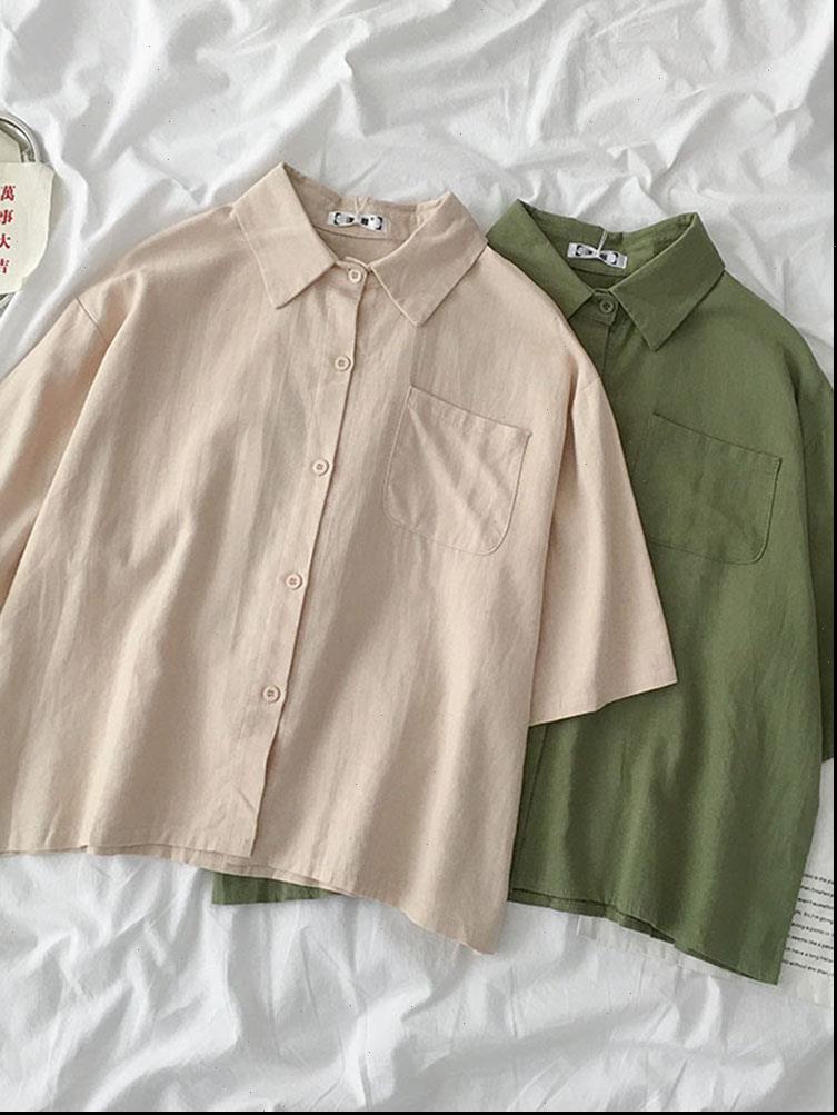 

women shirts summer short sleeve korean vintage solid color turn down collar loose blouses student casual chic, White