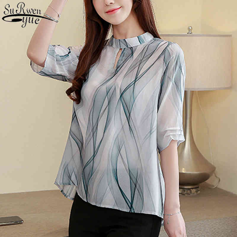 

Large Sizes Loose Printed Stand Collar Short Sleeve Silk Tops Office Lady Blouse Chemisier Top and Clothes Femme 10071 210521, Blue