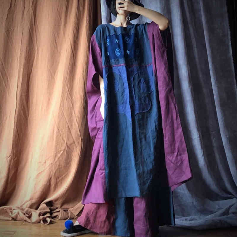 

Johnature Autumn Dress Loose High Quality Linen Patchwork Vintage Women Retro Vintage O-neck Batwing Sleeve Dress 210521