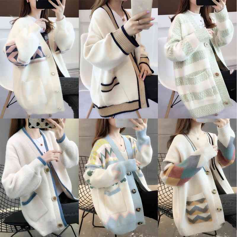 

Autumn and winter medium long cardigan jacket miscellaneous knitted loose cashmere women's sweater, Multiple multicolor