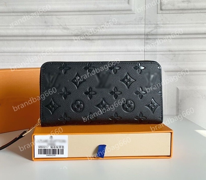 

Designers Leather Single Zipper Long Wallets Evening Bags Coin Purse Embossed Clutch Wallet With Box serial number 60017, L-brown flower