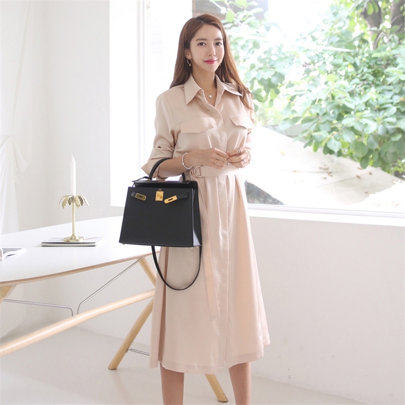 

Shirt Dress Women Elegant Turn Down Collar Long Sleeve Belted Casual Autumn A Line Office Lady OL Work Midi 210603, Red