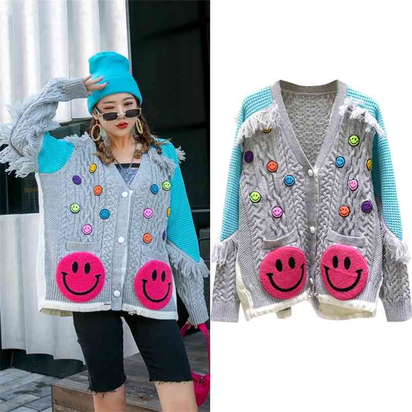 

Loose Womens Oversized Sweaters Fall Good Quality Heavy Tassel Long Sleeve Patchwork Kawaii Knitted Cardigan Designer Tops 210812, Sky blue