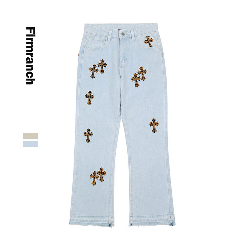 

Firmranch Men/Women Leopard Cross Jeans For Men High Street Chrome Homme Blue Boot-cut Hearts Pants Moto BTrouse