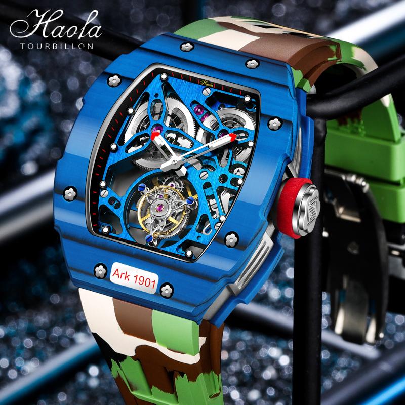 

Wristwatches Haofa Men's Luxury Skeleton Tourbillon Mechanical Carbon Fiber Sapphire Fashion Watch For Men Montres Mécaniques