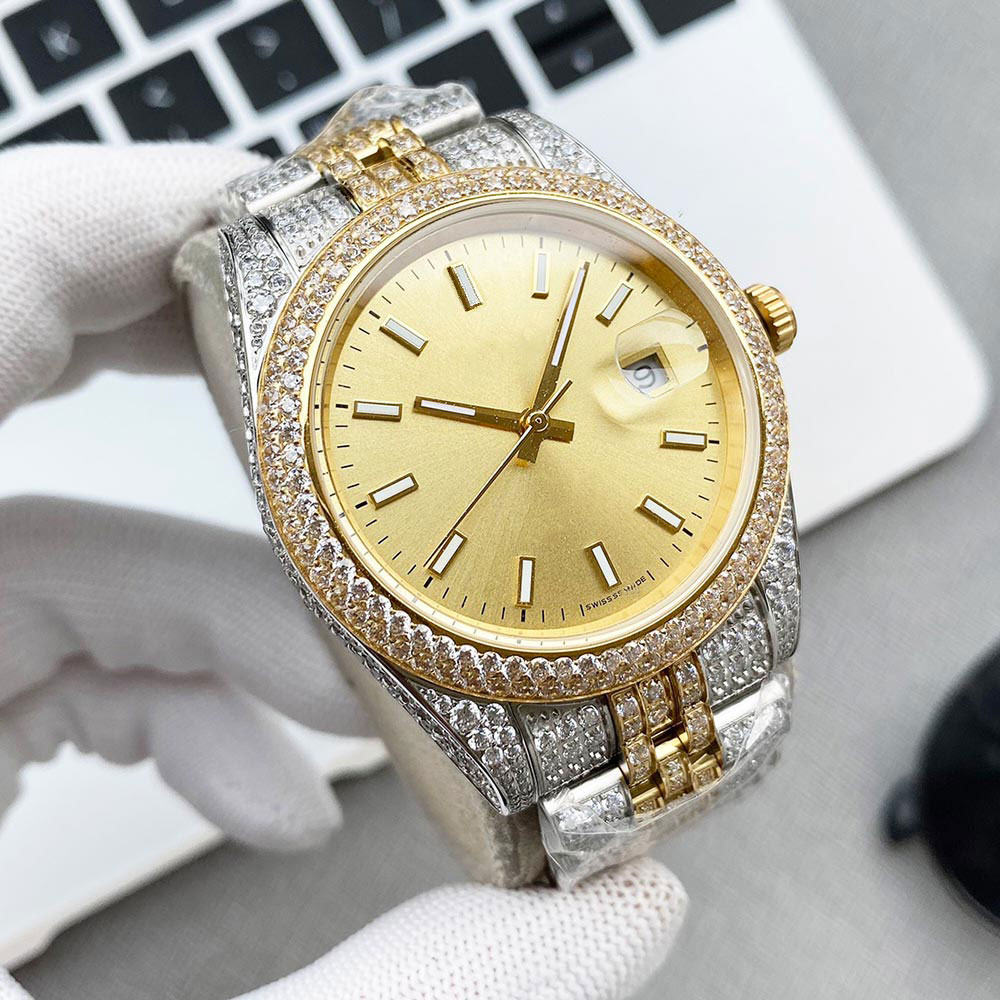 

Mens Watch Automatic Mechanical Watches Sapphire 41mm Strap Diamond-studded Steel Ladiy Wristwatch Montre de Luxe Full Diamond High Quality, Customize