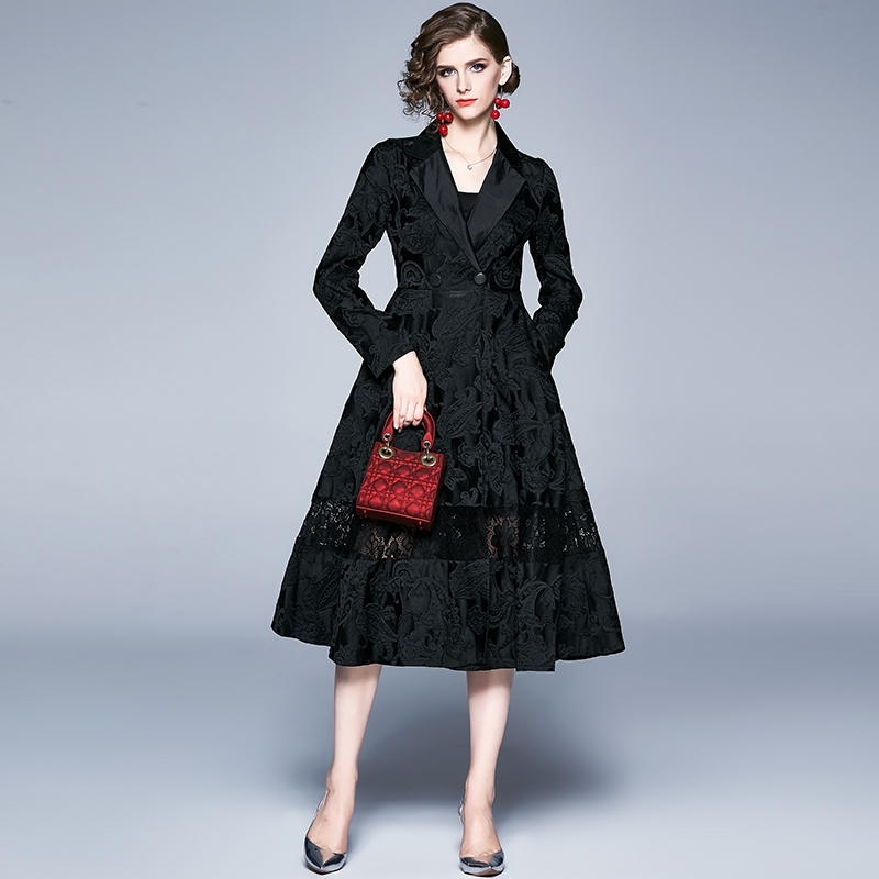 

Autumn / Spring Vintage Black Jacquard Flowers Pattern Lace Pacthwork Long Coat Runway Designer Women Trench XXL 210603